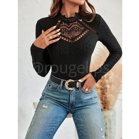 Black Lace Guipure Mock Neck Long Sleeve Bodysuit - Picture 2 of 10